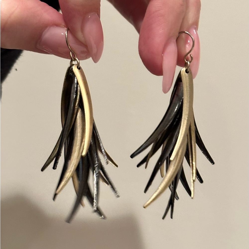 Gold and grey feathery dangly earrings